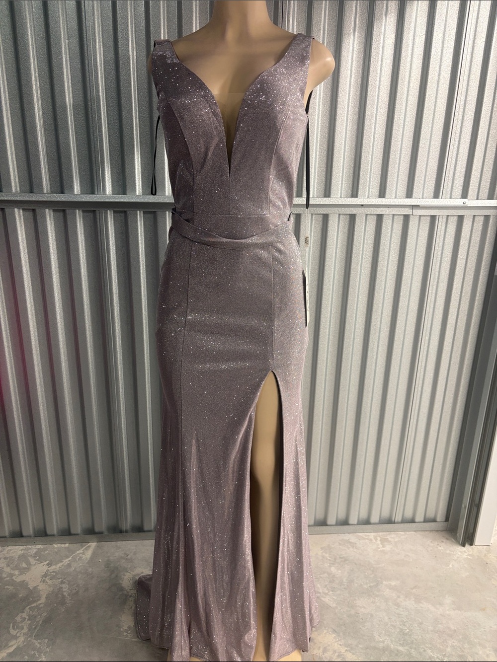 Plunge V-Neck Glitter Prom Dress in Dusty Mauve